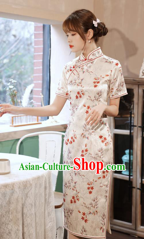 Chinese Classical Printing Peacock White Silk Qipao Dress Traditional Women Cheongsam Clothing