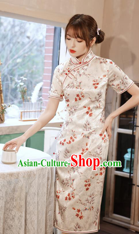 Chinese Classical Printing Peacock White Silk Qipao Dress Traditional Women Cheongsam Clothing
