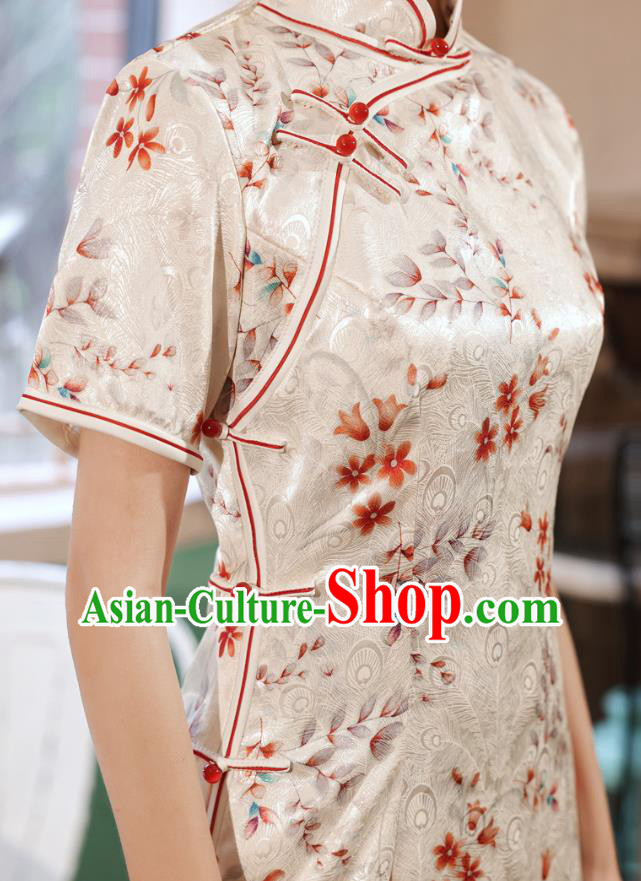 Chinese Classical Printing Peacock White Silk Qipao Dress Traditional Women Cheongsam Clothing