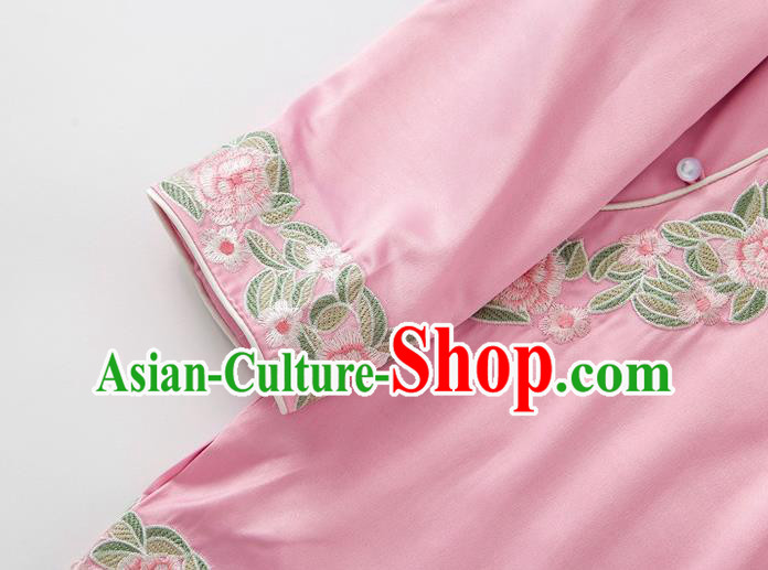 China Tang Suit Upper Outer Garment Blouse Traditional Embroidered Roses Pink Silk Shirt