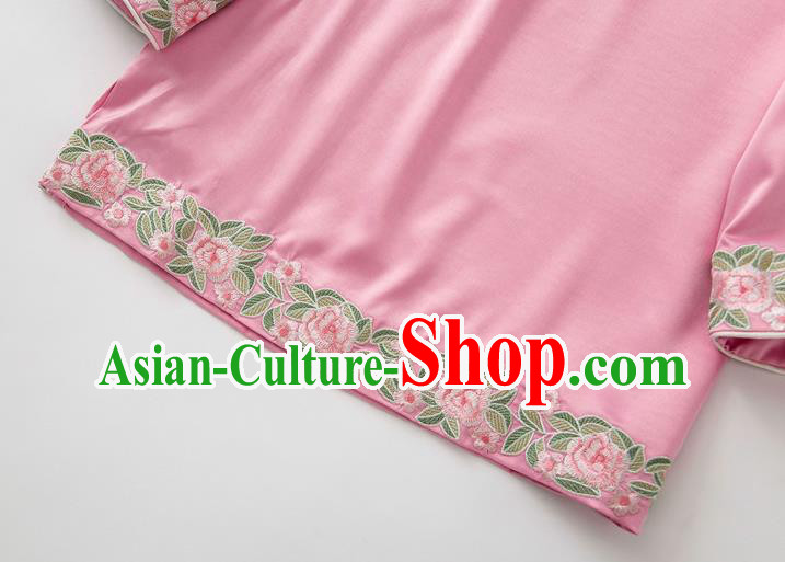 China Tang Suit Upper Outer Garment Blouse Traditional Embroidered Roses Pink Silk Shirt