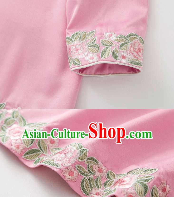 China Tang Suit Upper Outer Garment Blouse Traditional Embroidered Roses Pink Silk Shirt