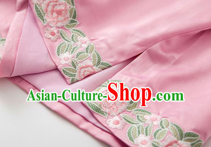 China Tang Suit Upper Outer Garment Blouse Traditional Embroidered Roses Pink Silk Shirt