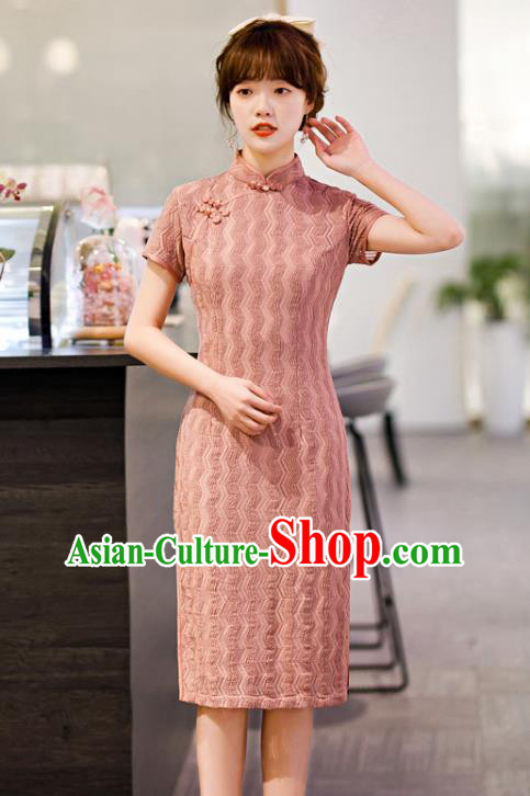 Chinese Classical Pink Lace Qipao Dress Traditional Elegant Cheongsam