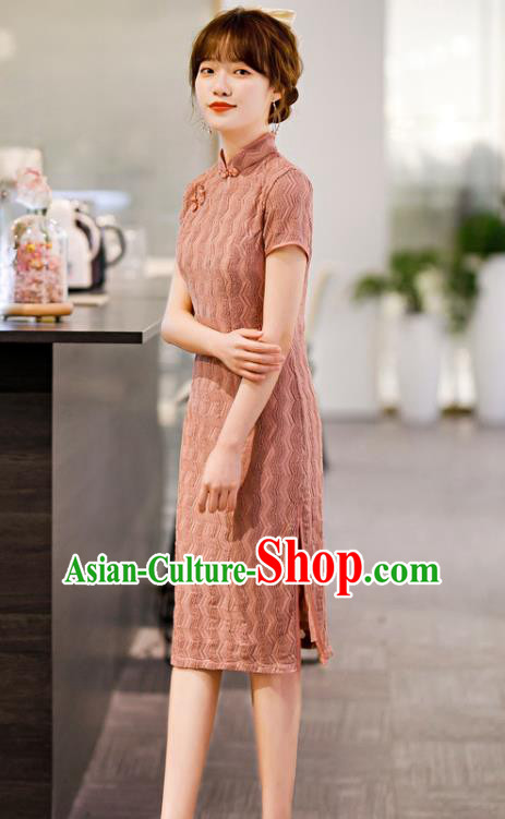 Chinese Classical Pink Lace Qipao Dress Traditional Elegant Cheongsam