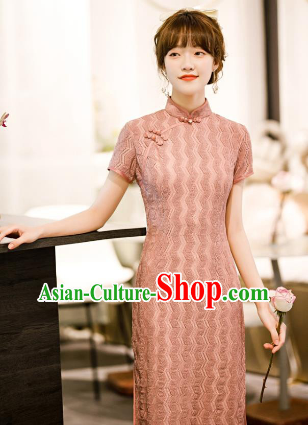Chinese Classical Pink Lace Qipao Dress Traditional Elegant Cheongsam