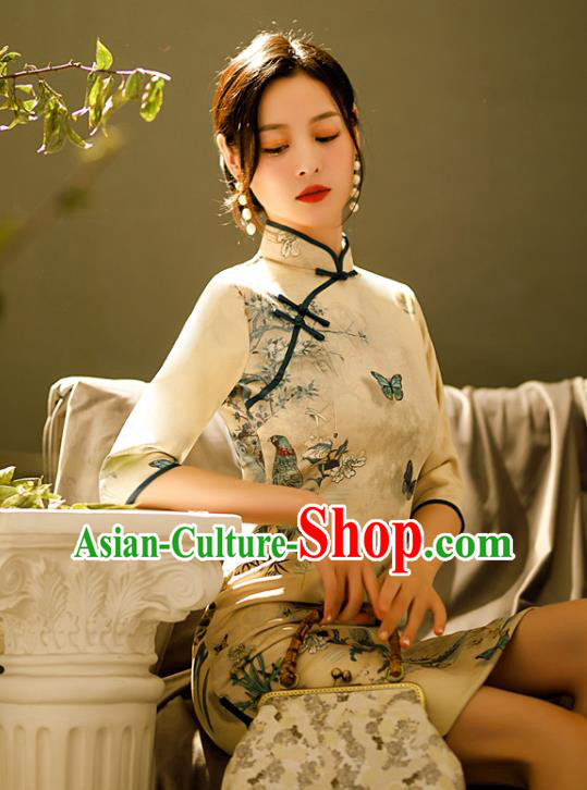 Chinese Classical Printing Butterfly Qipao Dress Traditional Shang Hai Fashion Cheongsam