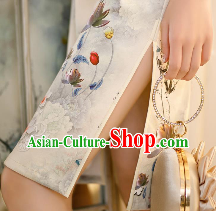 Chinese Traditional Shang Hai White Lace Cheongsam Classical Printing Flowers Qipao Dress