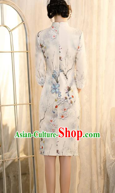 Chinese Traditional Shang Hai White Lace Cheongsam Classical Printing Flowers Qipao Dress