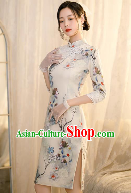 Chinese Traditional Shang Hai White Lace Cheongsam Classical Printing Flowers Qipao Dress