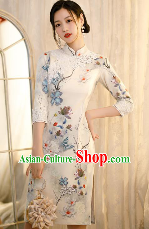 Chinese Traditional Shang Hai White Lace Cheongsam Classical Printing Flowers Qipao Dress