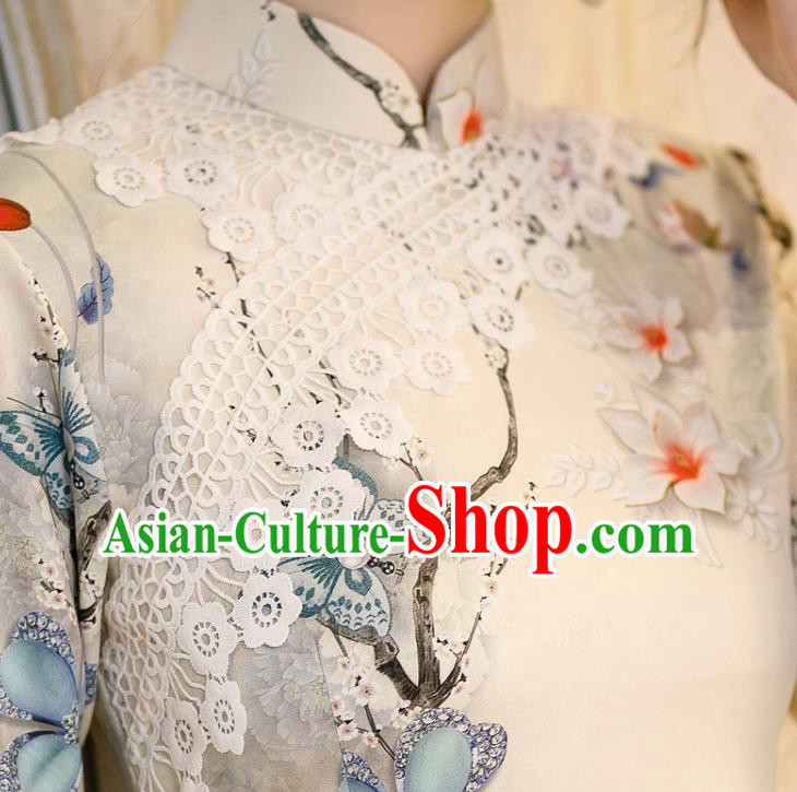 Chinese Traditional Shang Hai White Lace Cheongsam Classical Printing Flowers Qipao Dress