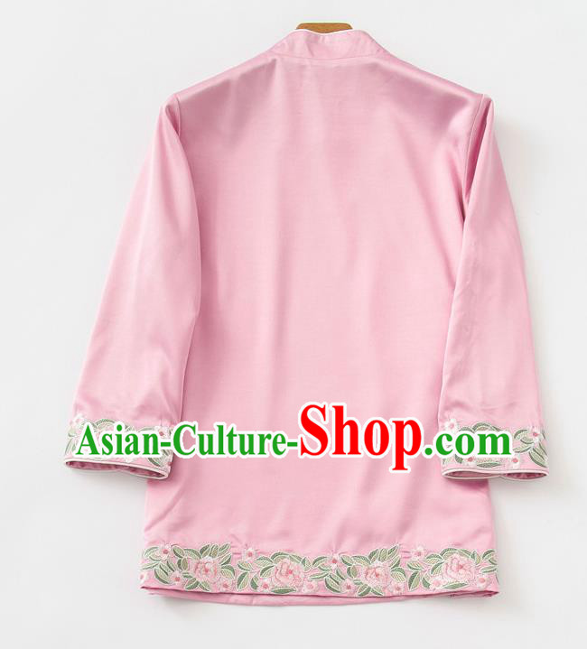 China Tang Suit Upper Outer Garment Blouse Traditional Embroidered Roses Pink Silk Shirt