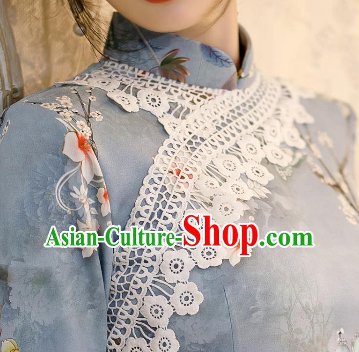 Chinese Classical Printing Flowers Blue Qipao Dress Traditional Shang Hai Cheongsam