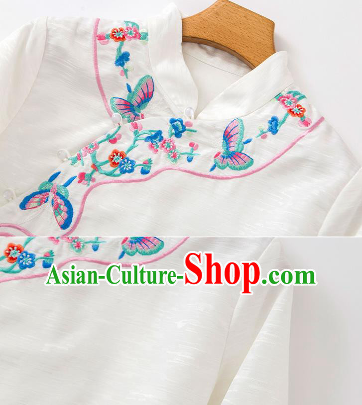 China Women Blouse Traditional Embroidered Butterfly White Flax Shirt Tang Suit Upper Outer Garment