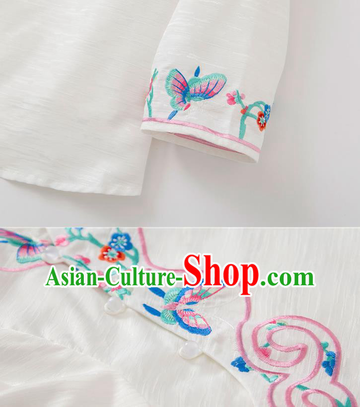 China Women Blouse Traditional Embroidered Butterfly White Flax Shirt Tang Suit Upper Outer Garment