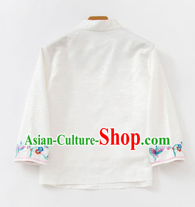 China Women Blouse Traditional Embroidered Butterfly White Flax Shirt Tang Suit Upper Outer Garment