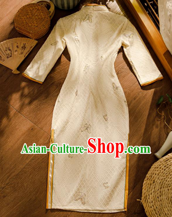 Chinese Classical Beige Lace Qipao Dress Traditional Young Lady Cheongsam