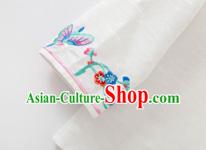 China Women Blouse Traditional Embroidered Butterfly White Flax Shirt Tang Suit Upper Outer Garment