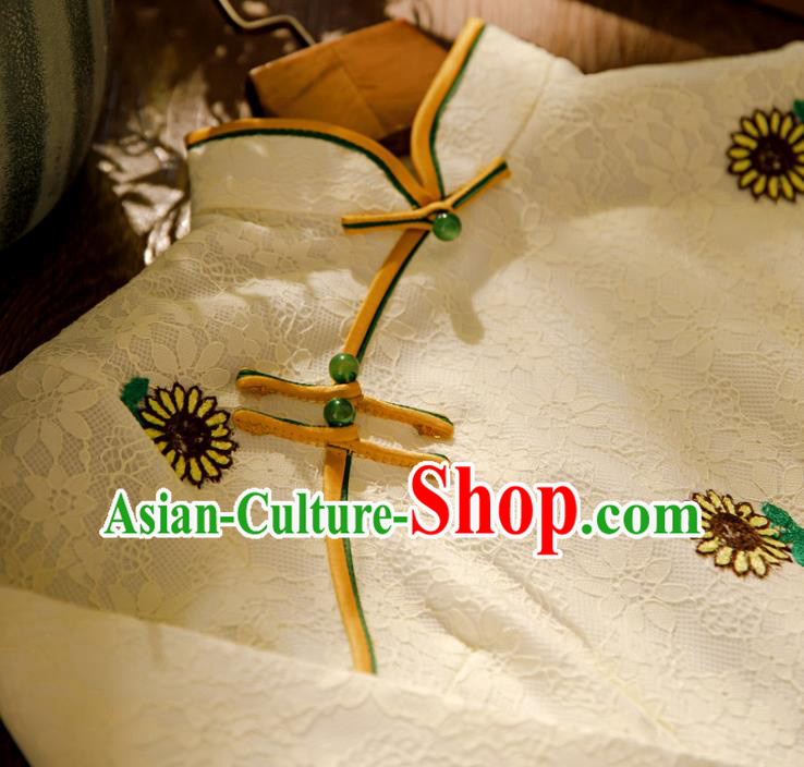 Chinese Traditional Young Lady Cheongsam Classical Printing Sunflowers White Lace Qipao Dress