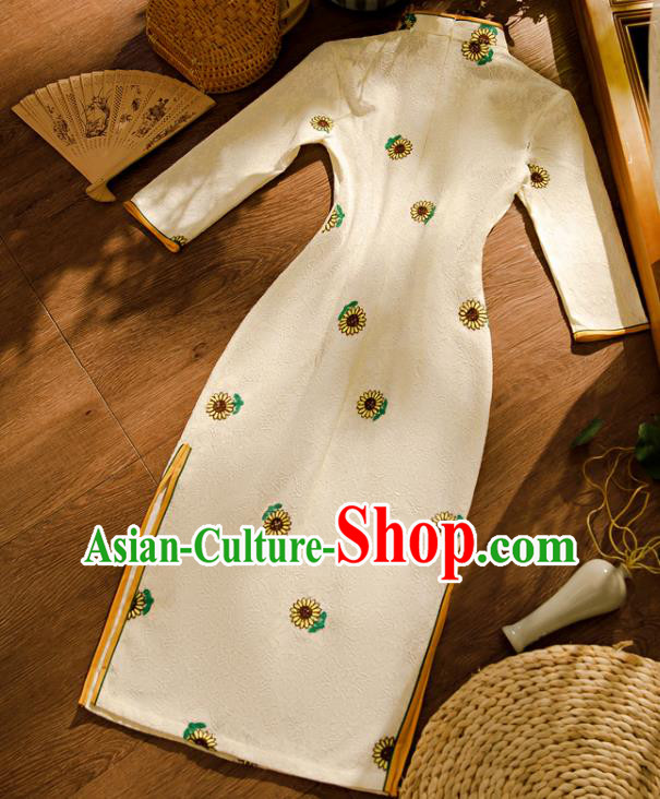 Chinese Traditional Young Lady Cheongsam Classical Printing Sunflowers White Lace Qipao Dress