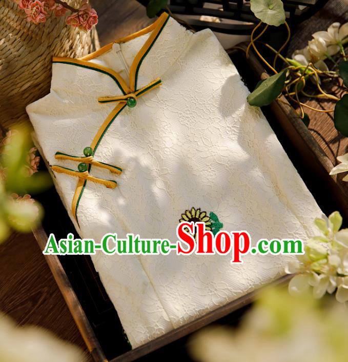 Chinese Traditional Young Lady Cheongsam Classical Printing Sunflowers White Lace Qipao Dress