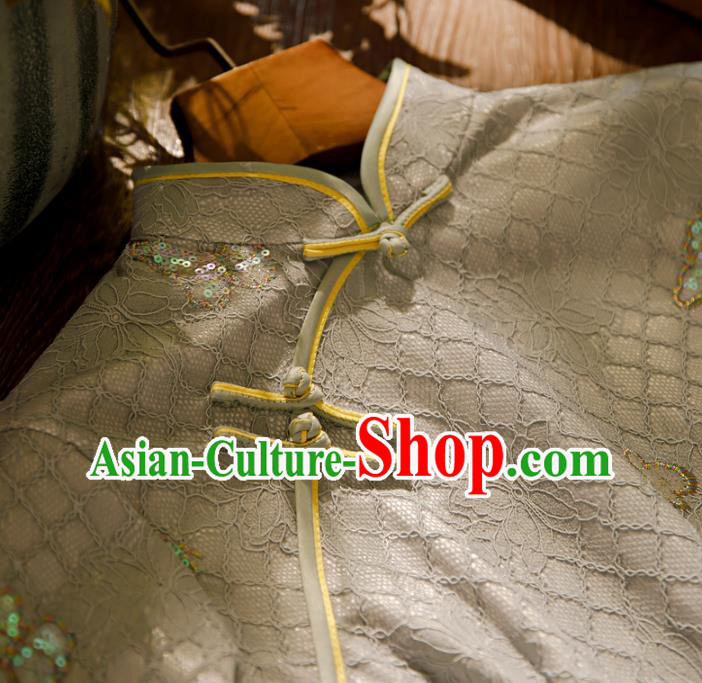 Chinese Classical Grey Lace Qipao Dress Traditional Butterfly Pattern Cheongsam