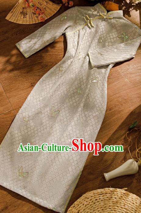 Chinese Classical Grey Lace Qipao Dress Traditional Butterfly Pattern Cheongsam