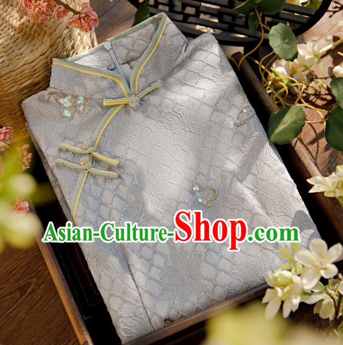 Chinese Classical Grey Lace Qipao Dress Traditional Butterfly Pattern Cheongsam