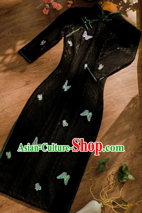 Chinese Classical Sequins Butterfly Qipao Dress Traditional Black Lace Cheongsam Clothing