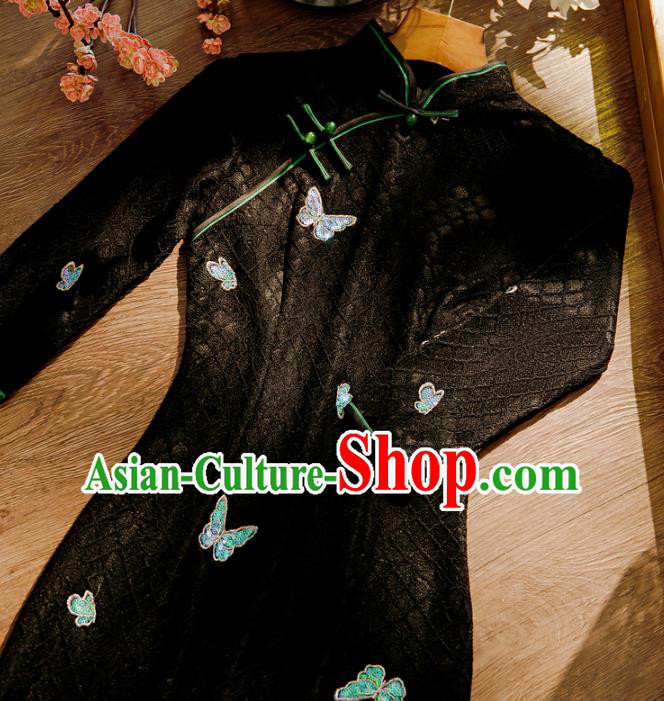 Chinese Classical Sequins Butterfly Qipao Dress Traditional Black Lace Cheongsam Clothing