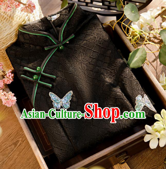 Chinese Classical Sequins Butterfly Qipao Dress Traditional Black Lace Cheongsam Clothing