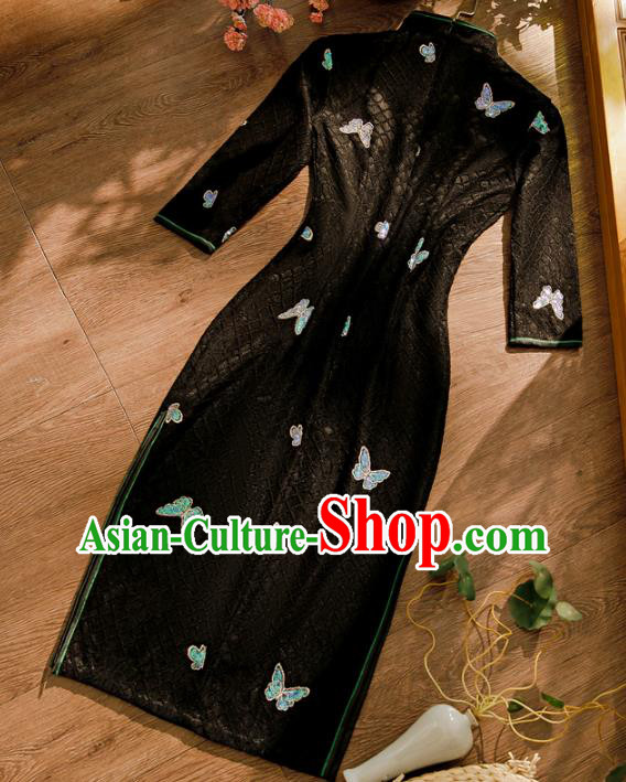 Chinese Classical Sequins Butterfly Qipao Dress Traditional Black Lace Cheongsam Clothing