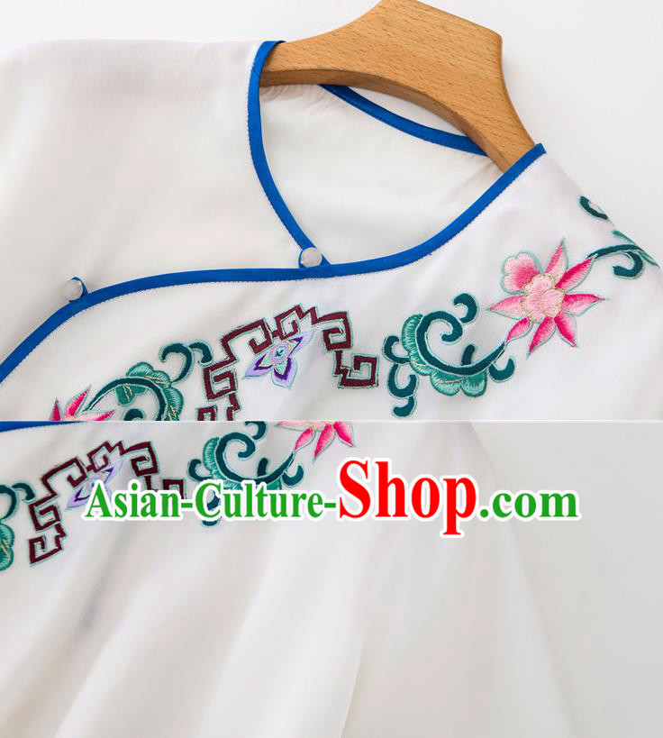 China Traditional Embroidered Flowers White Flax Shirt Tang Suit Upper Outer Garment Women Blouse