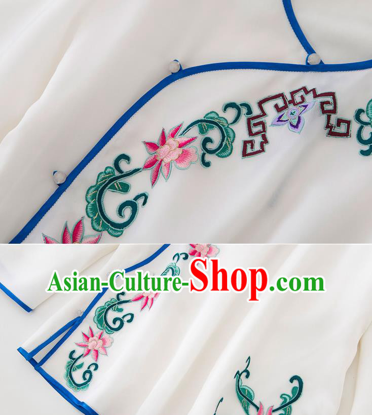 China Traditional Embroidered Flowers White Flax Shirt Tang Suit Upper Outer Garment Women Blouse