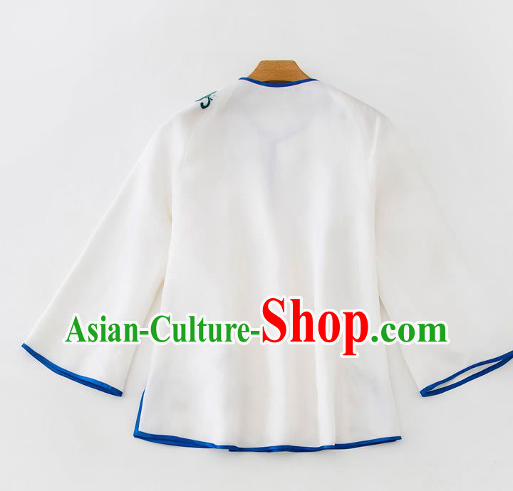 China Traditional Embroidered Flowers White Flax Shirt Tang Suit Upper Outer Garment Women Blouse