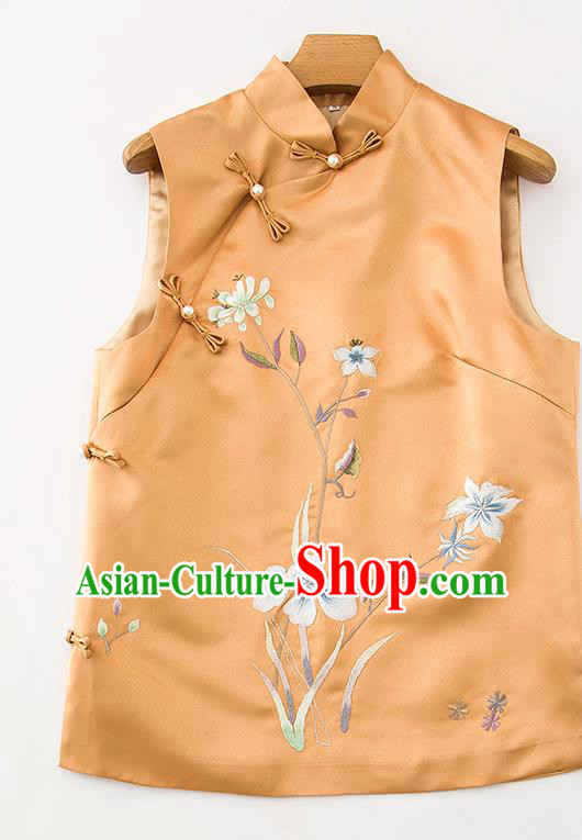Chinese Classical Embroidered Orchids Orange Silk Vest National Women Upper Outer Garment Tang Suit Waistcoat