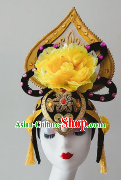 China Handmade Classical Dance Wigs Chignon Traditional Stage Performance Goddess Yellow Peony Hair Accessories