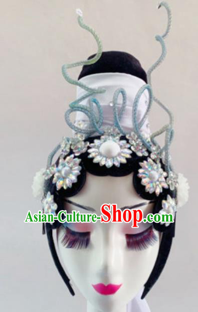 China Handmade Madam White Snake Stage Performance Wigs Chignon Traditional Classical Dance Headdress