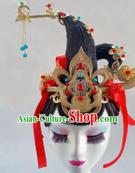 China Traditional Fairy Dance Headdress Handmade Classical Dance Stage Performance Wigs Chignon Headwear