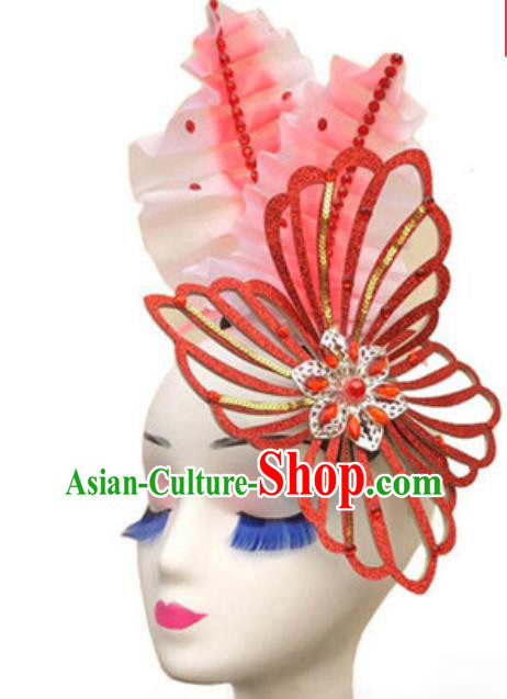 China Handmade Folk Dance Red Butterfly Headwear Traditional Stage Performance Hair Accessories Opening Dance Hair Clasp