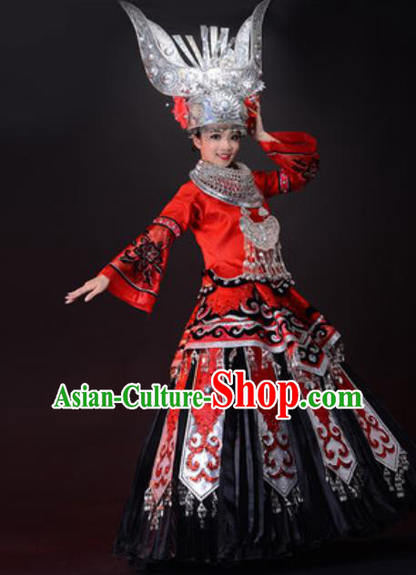 Chinese Ethnic Wedding Bride Red Dress Outfits Miao Nationality Minority Stage Performance Costumes
