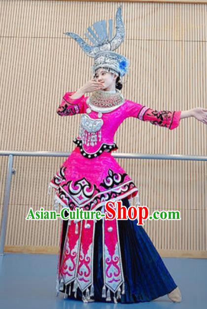 Chinese Miao Nationality Minority Wedding Bride Costumes Ethnic Folk Dance Rosy Dress Outfits