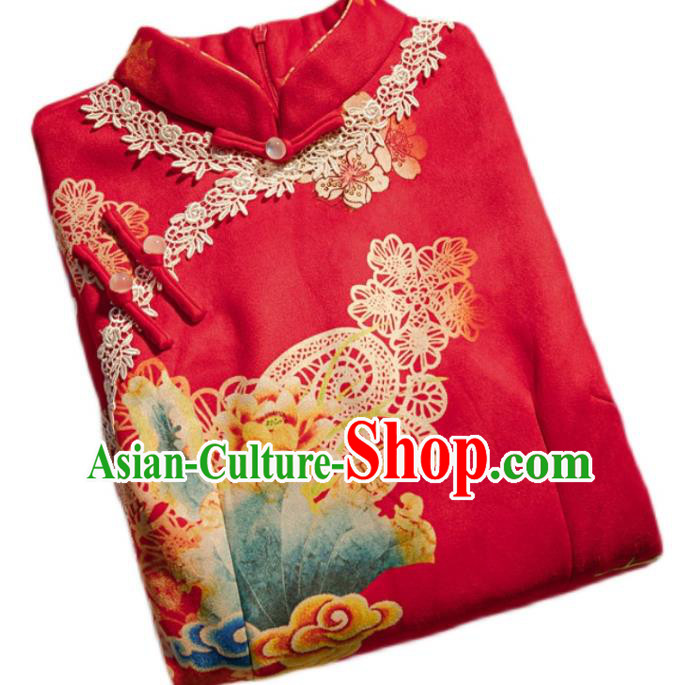 Chinese Bride Toast Clothing Classical Printing Red Qipao Dress Traditional Wedding Cheongsam