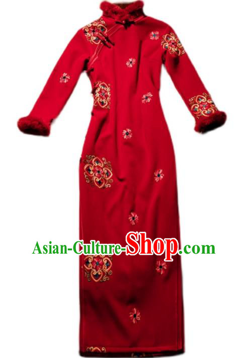 Chinese Traditional Wedding Cheongsam Bride Toast Clothing Classical Winter Red Qipao Dress