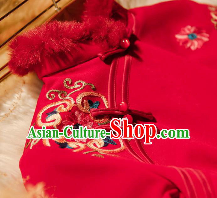 Chinese Traditional Wedding Cheongsam Bride Toast Clothing Classical Winter Red Qipao Dress