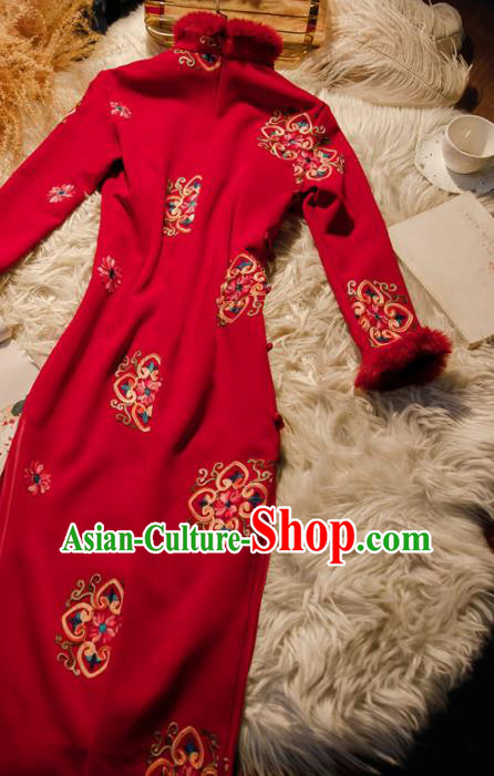 Chinese Traditional Wedding Cheongsam Bride Toast Clothing Classical Winter Red Qipao Dress