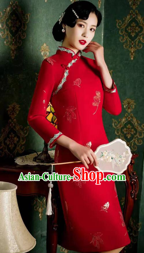 Chinese Classical Dragonfly Pattern Red Qipao Dress Traditional Wedding Cheongsam Bride Toast Clothing