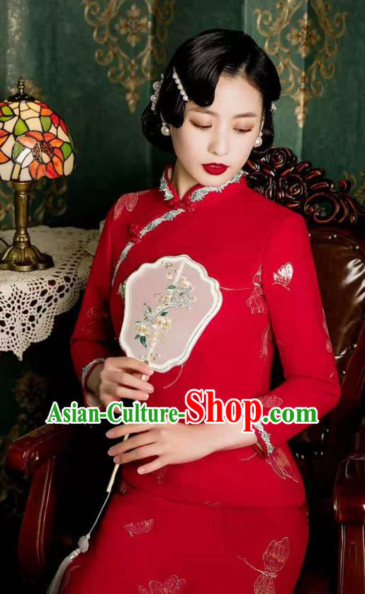 Chinese Classical Dragonfly Pattern Red Qipao Dress Traditional Wedding Cheongsam Bride Toast Clothing