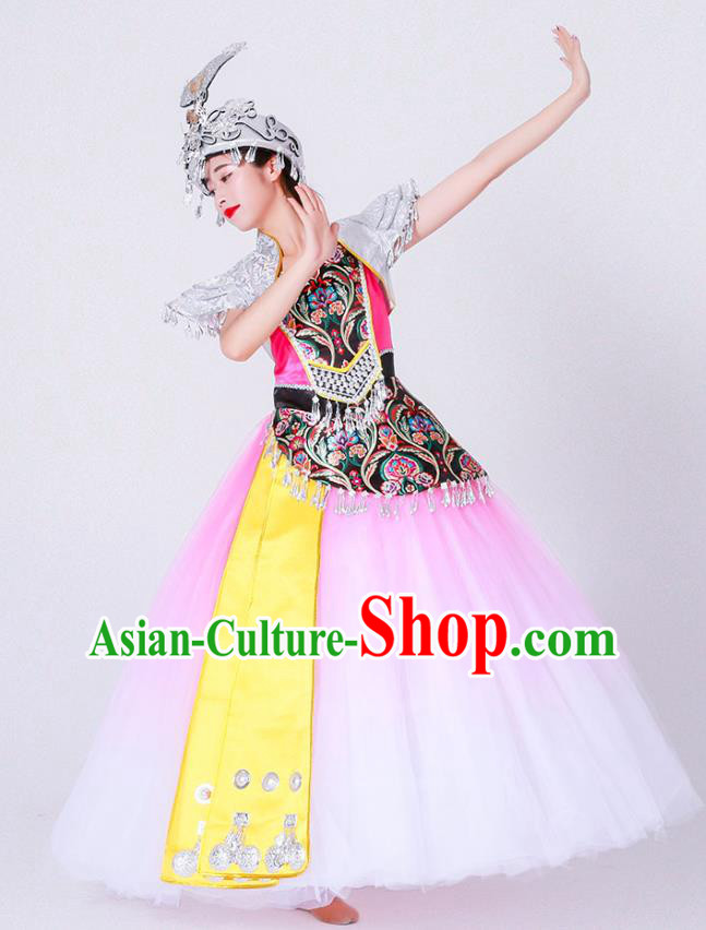 Chinese Miao Nationality Minority Folk Dance Costumes Ethnic Woman Stage Performance Pink Dress Outfits